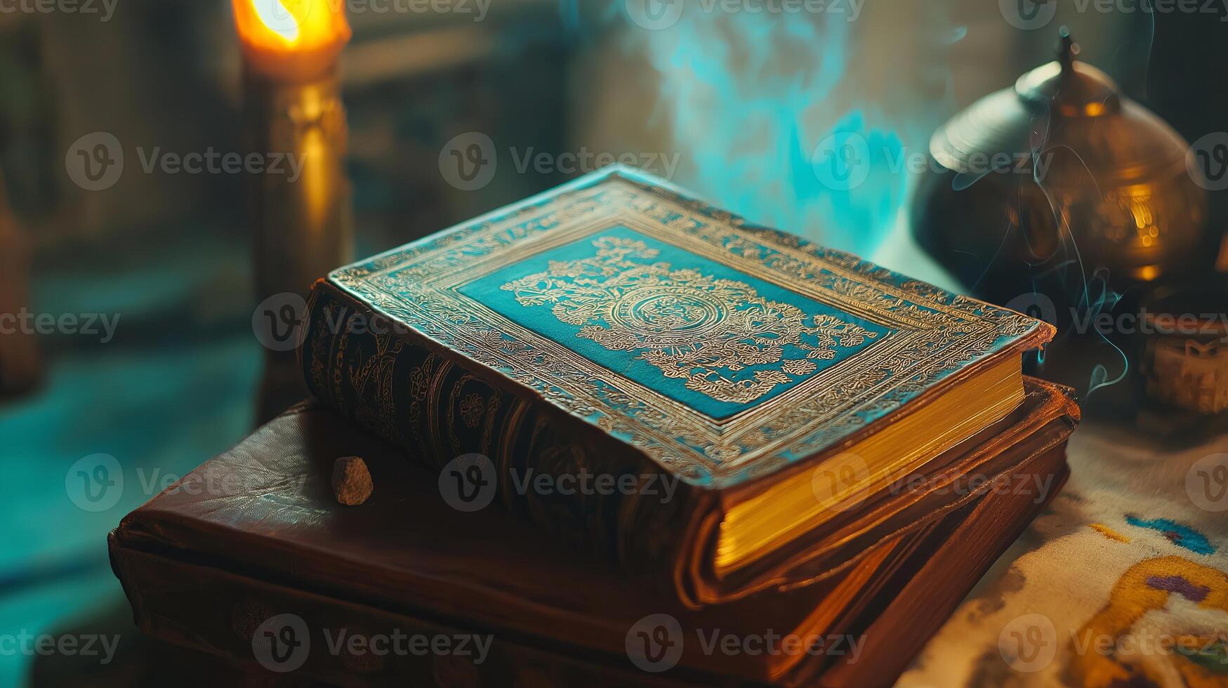 A beautifully decorated ancient book stacked on another, illuminated by soft candlelight, evoking a mystical and spiritual atmosphere. photo