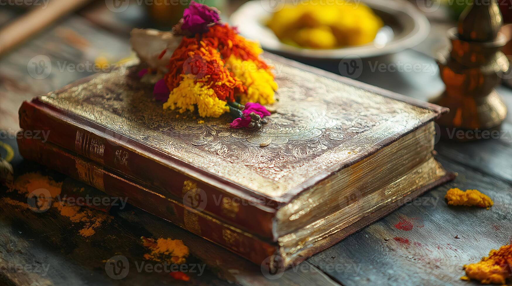 An old sacred book with intricate golden details, placed on a wooden table with fresh flower offerings, symbolizing spirituality and devotion. photo