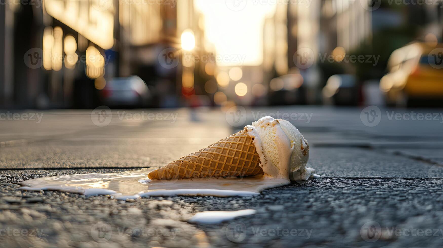 A melting ice cream cone on a city sidewalk during sunset, with golden light reflecting the fleeting nature of summer and sweet moments. photo