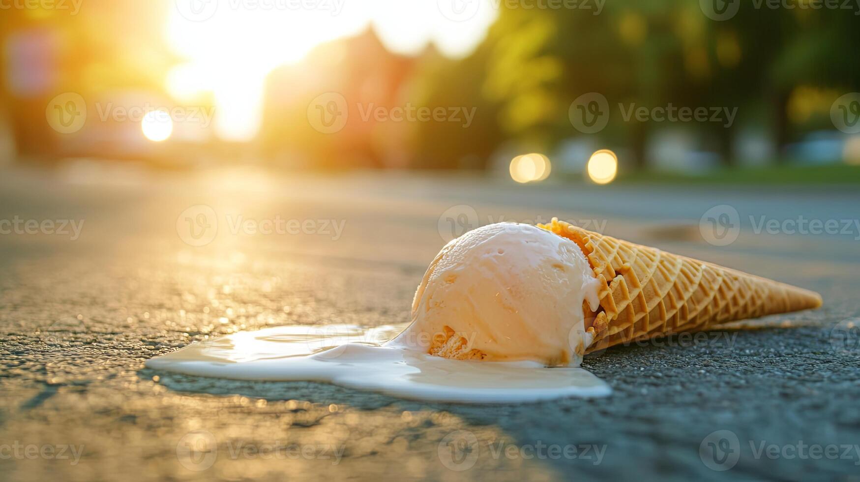 Melted ice cream cone lying on the street on a sunny day, symbolizing the fleeting nature of summer treats, with a blurred city background photo