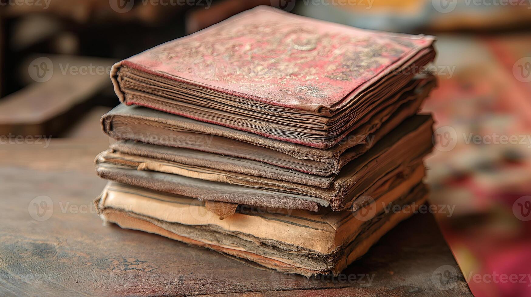 A pile of old, worn-out books with faded covers and frayed pages, symbolizing history, knowledge, and forgotten wisdom of the past. photo