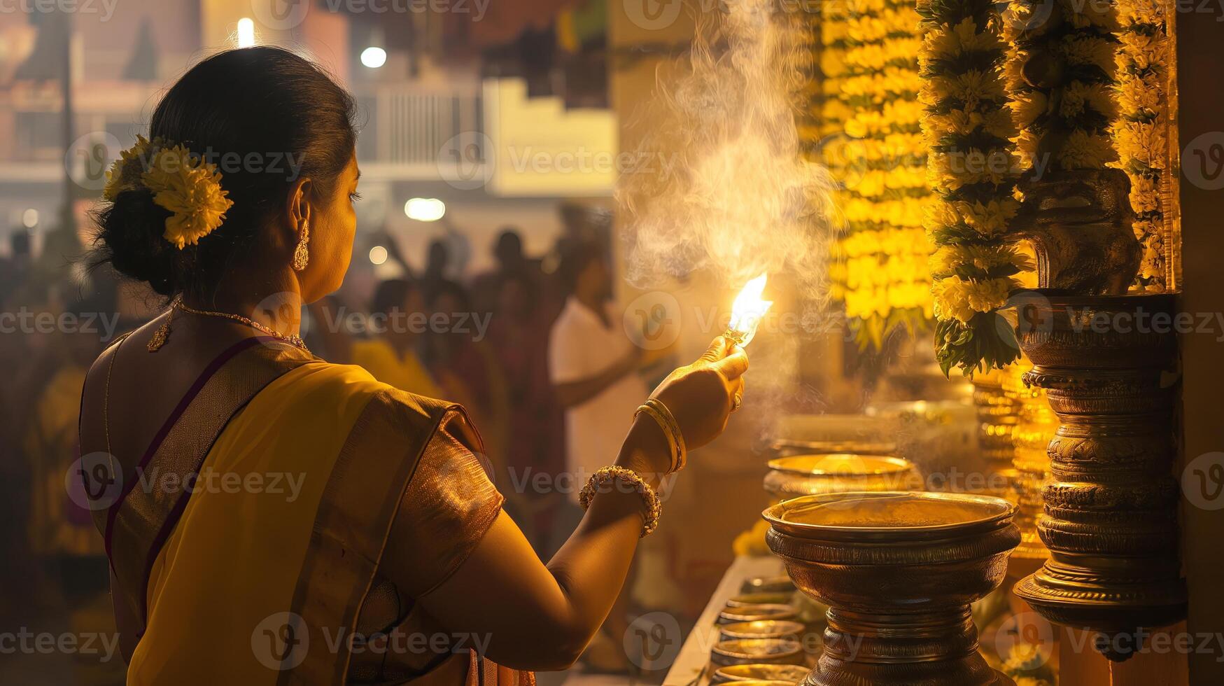 Devotee praying at Thaipusam festival with golden temple lights photo