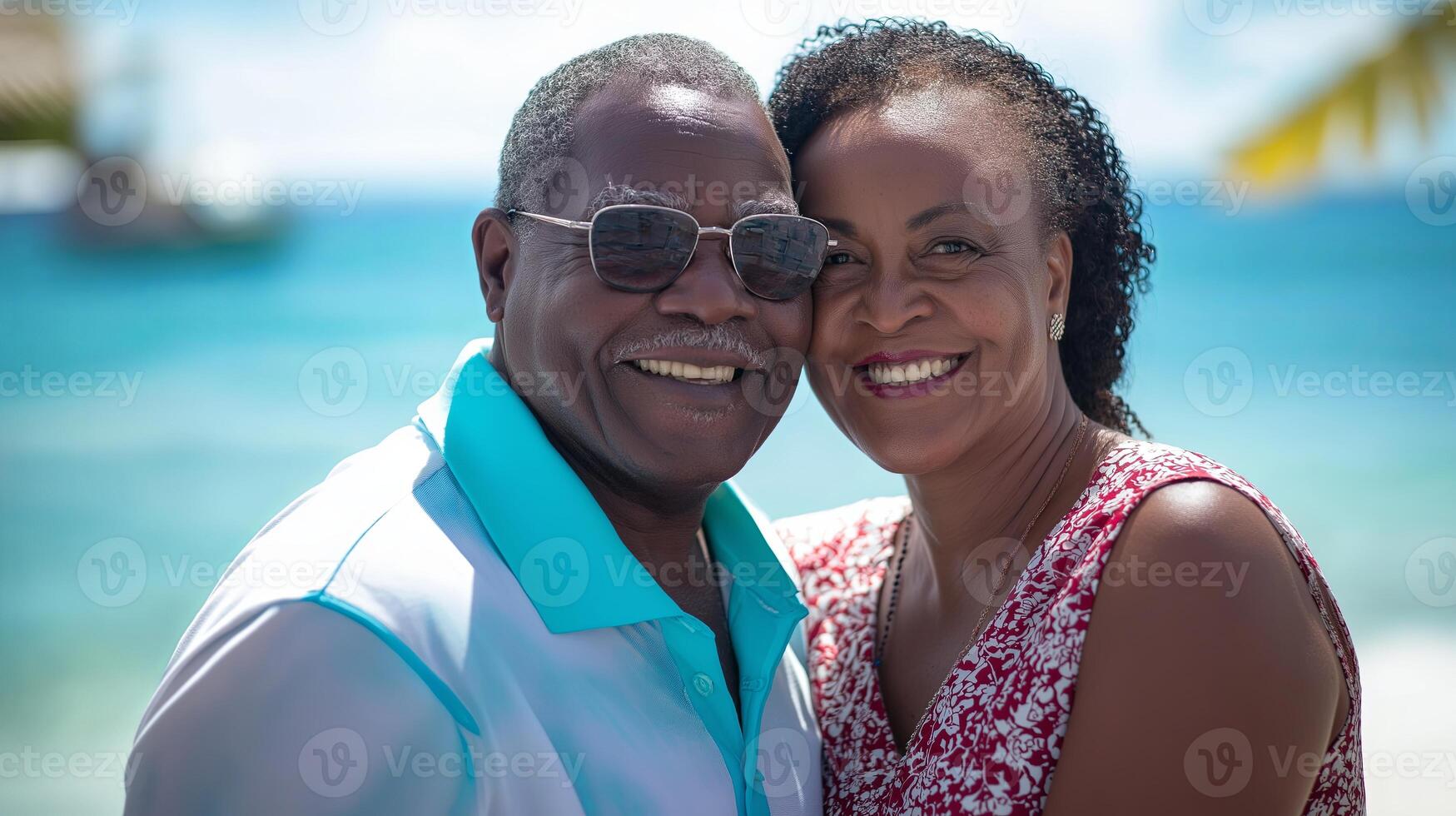 A joyful senior couple hugging and smiling, enjoying their time together outdoors in a warm and loving atmosphere. photo