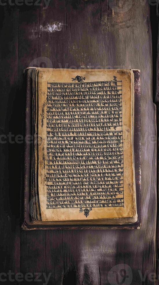 An old Hindu religious book featuring ancient Sanskrit text, symbolizing devotion, wisdom, and spiritual knowledge. photo
