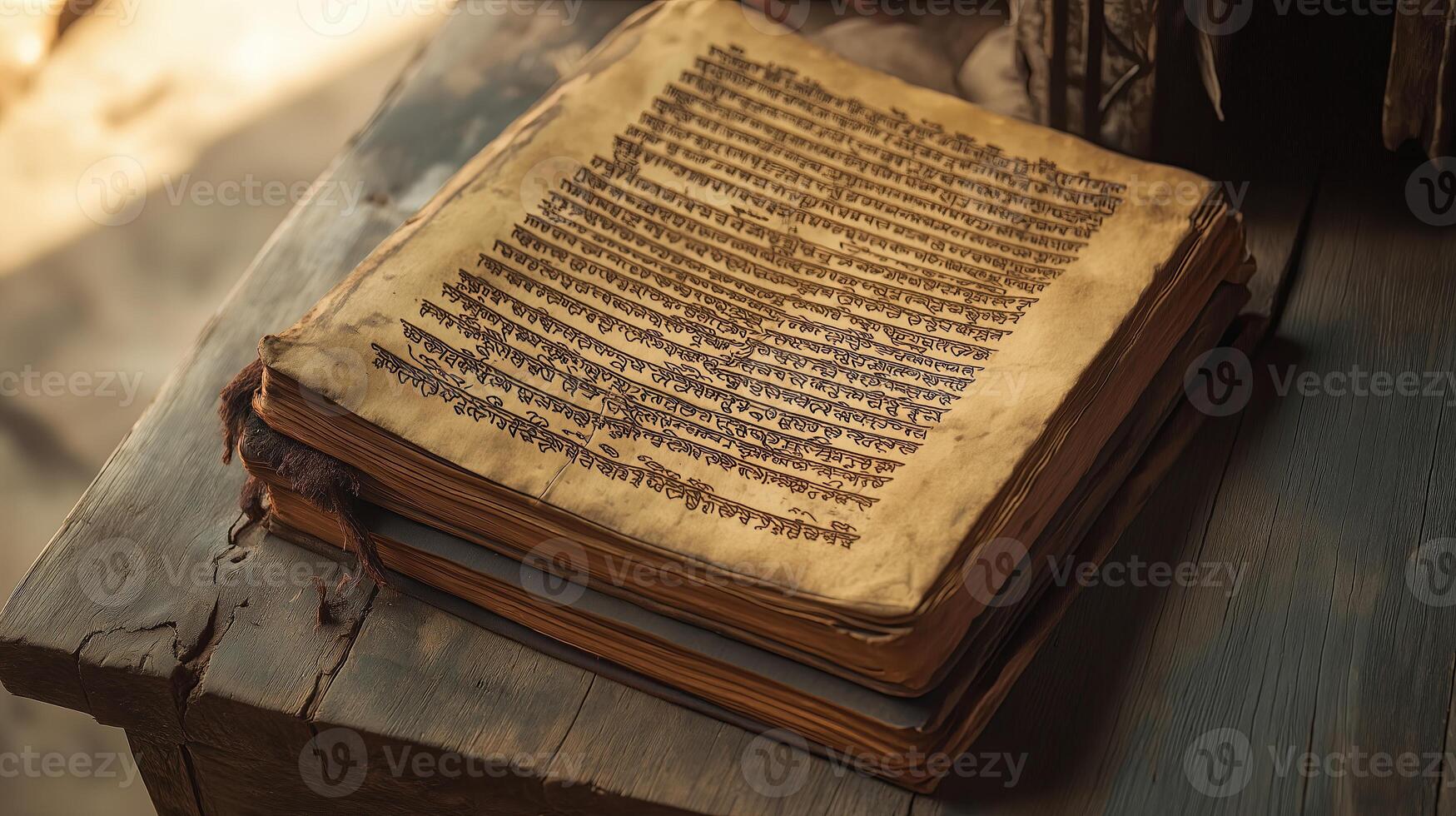An ancient Hindu religious book placed on a wooden surface, featuring sacred scriptures, symbolizing spirituality, wisdom, and devotion. photo
