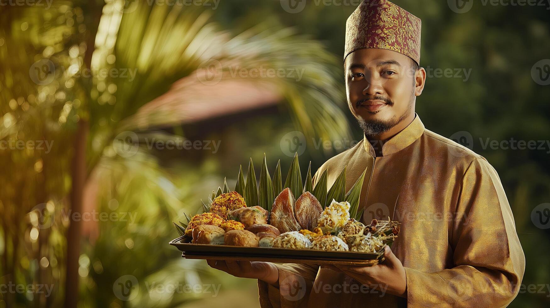 Young Malay man wearing Baju Melayu serving traditional food for Hari Raya photo