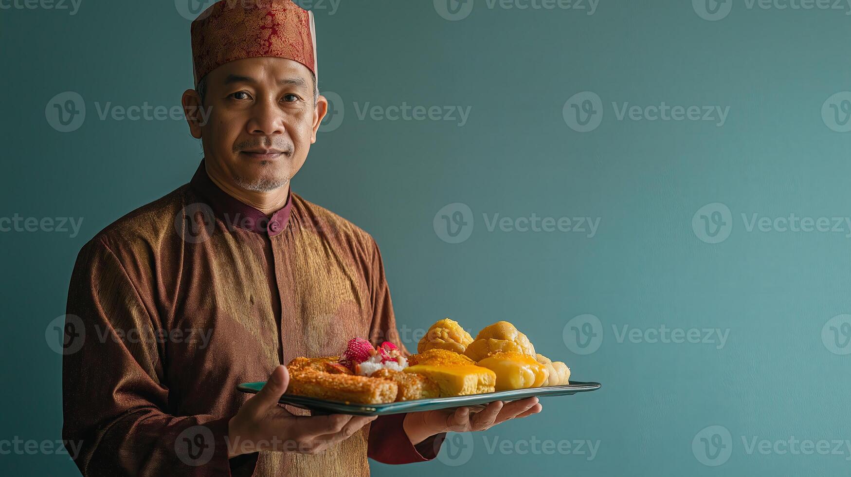 Malay man in traditional Baju Melayu holding a tray of festive Hari Raya food photo