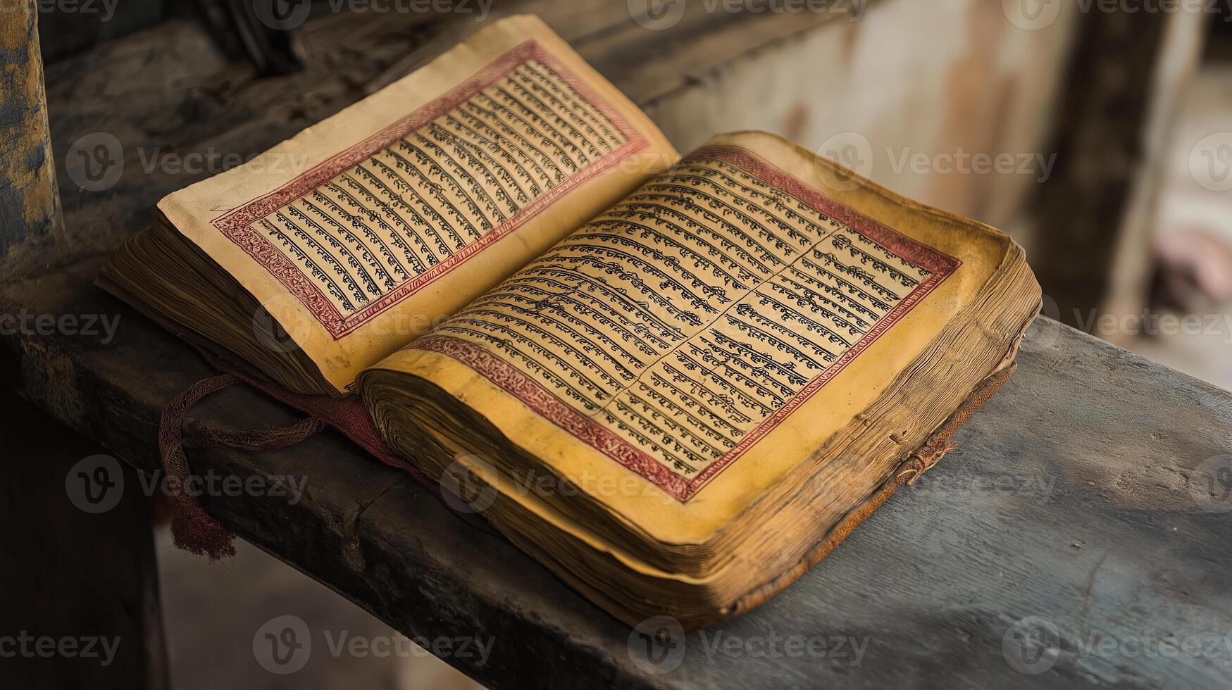 A close-up of an old Hindu religious scripture featuring intricate text and traditional bindings, symbolizing sacred wisdom and devotion. photo