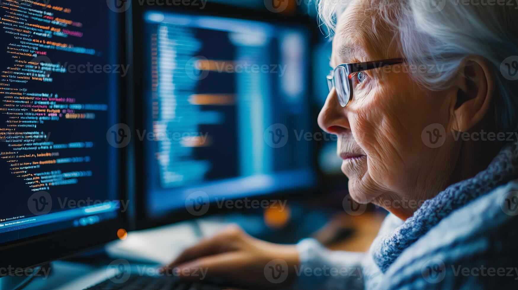A senior woman coding on a high-tech computer, symbolizing digital literacy, lifelong learning, and technology adoption among older generations. photo