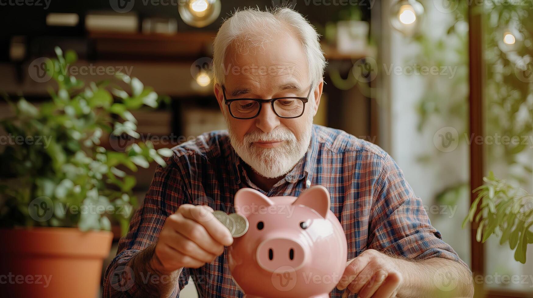 An elderly man carefully placing coins into a piggy bank, symbolizing financial planning, retirement savings, and money management. photo