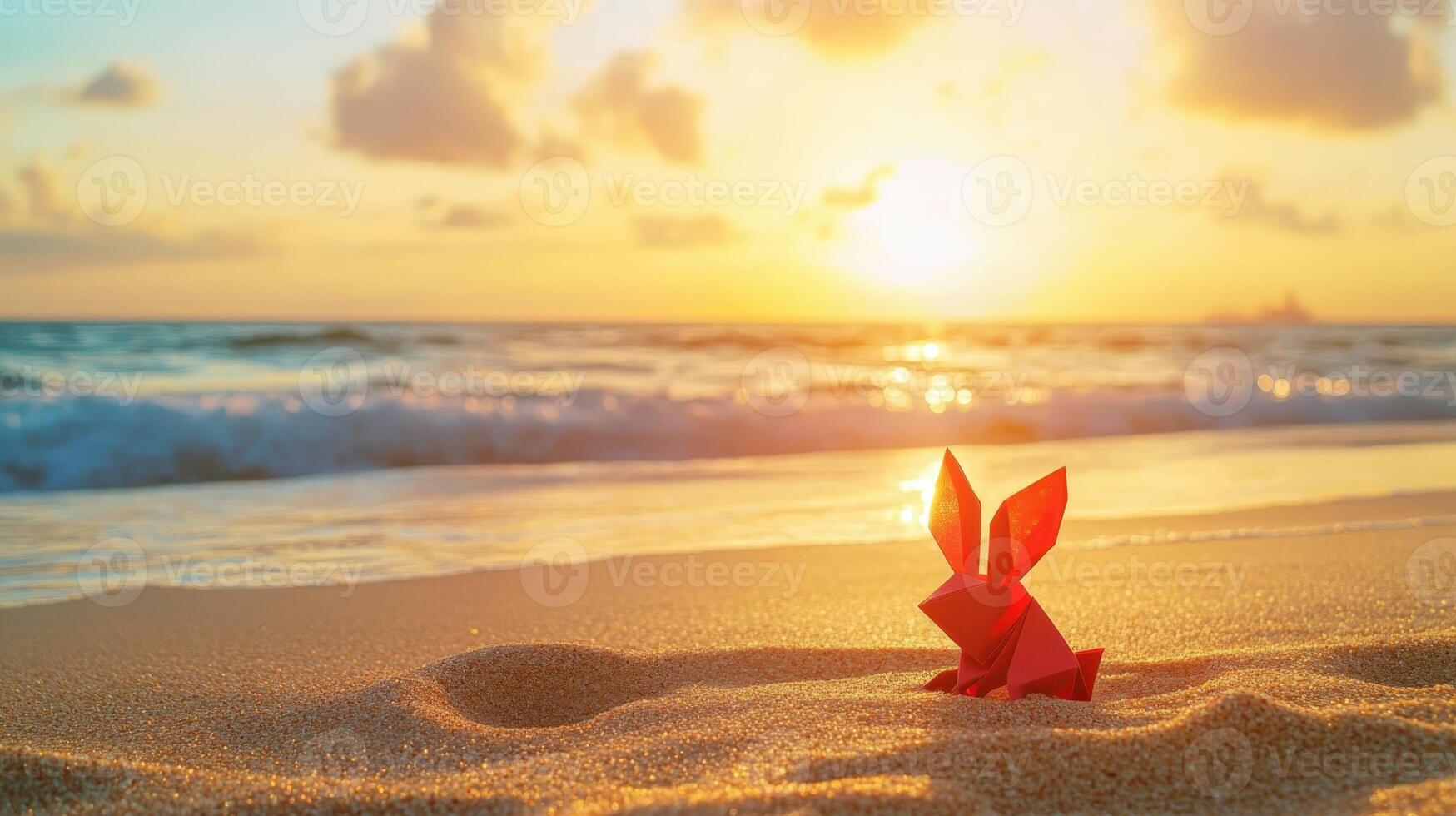 A creative Easter-themed photo featuring a red origami bunny on the sand, illuminated by the warm glow of a beach sunset.