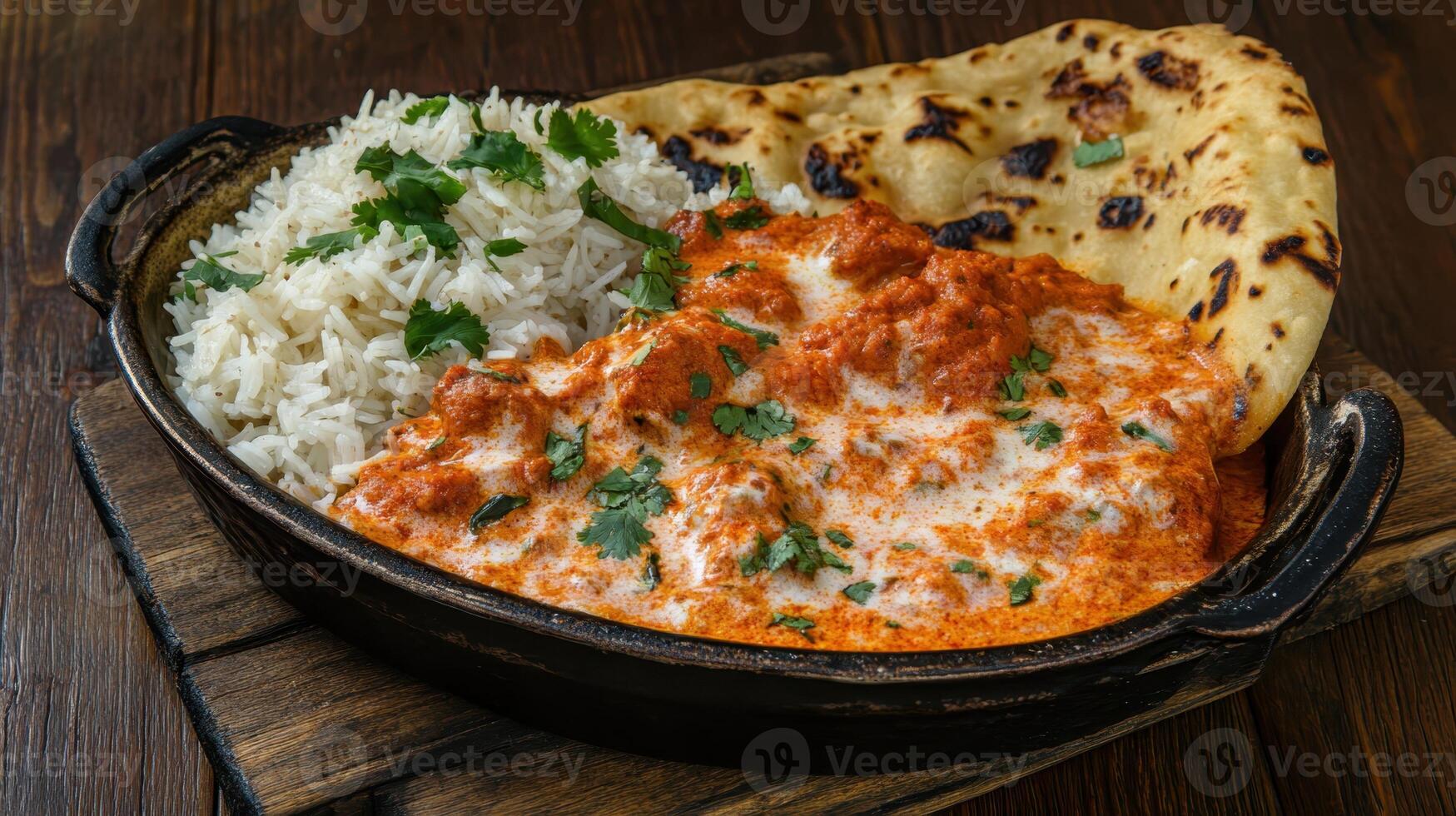 A top-down shot of chicken tikka masala in a bowl, featuring a rich and creamy sauce against a moody dark background for contrast. photo