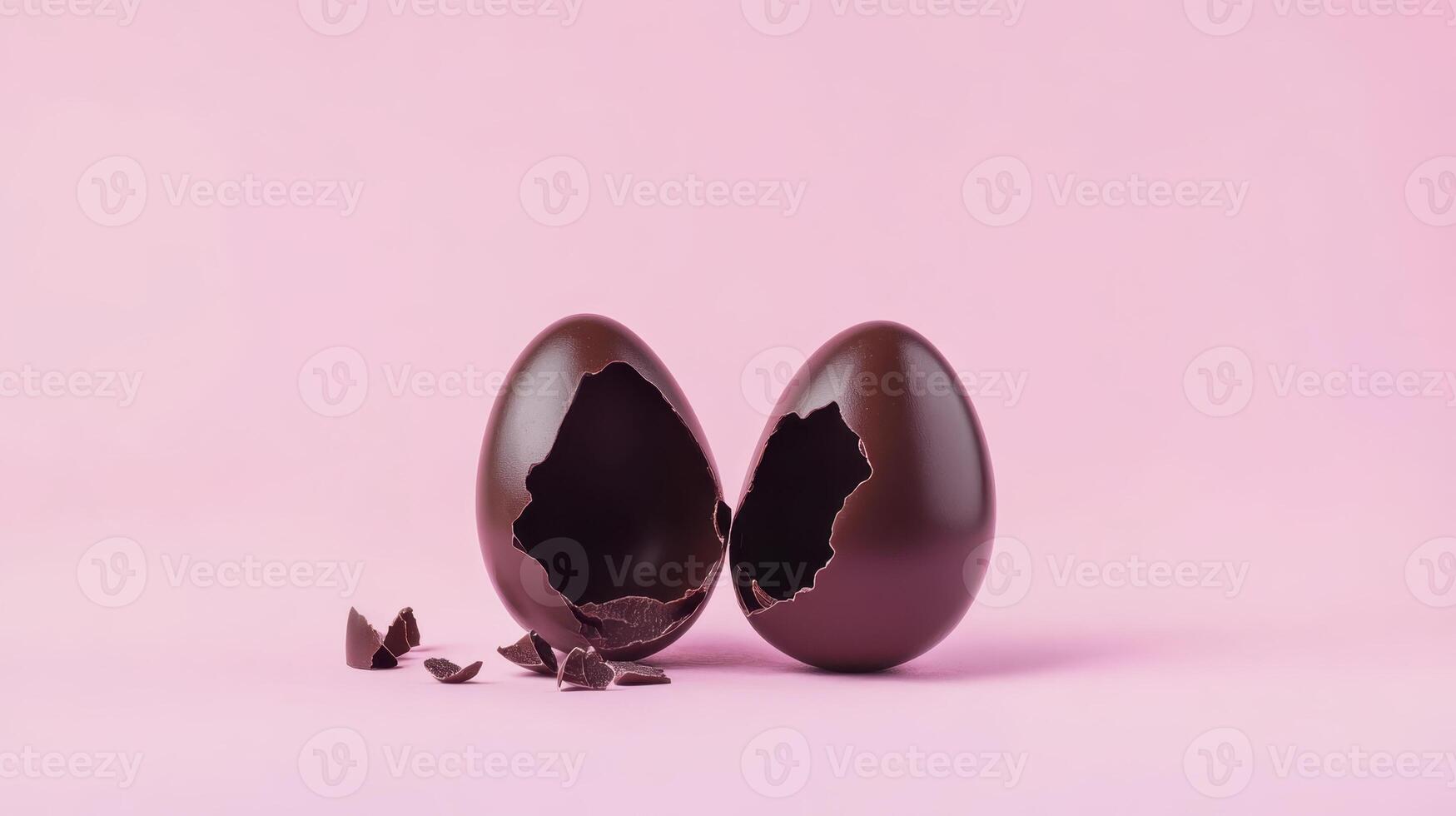 A close-up of dark chocolate Easter eggs with broken shells on a soft pink background, representing indulgence and holiday treats. photo