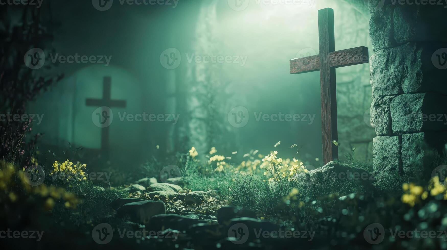 A symbolic representation of the resurrection, featuring an empty tomb with a cross, illuminated by divine light and surrounded by flowers. photo