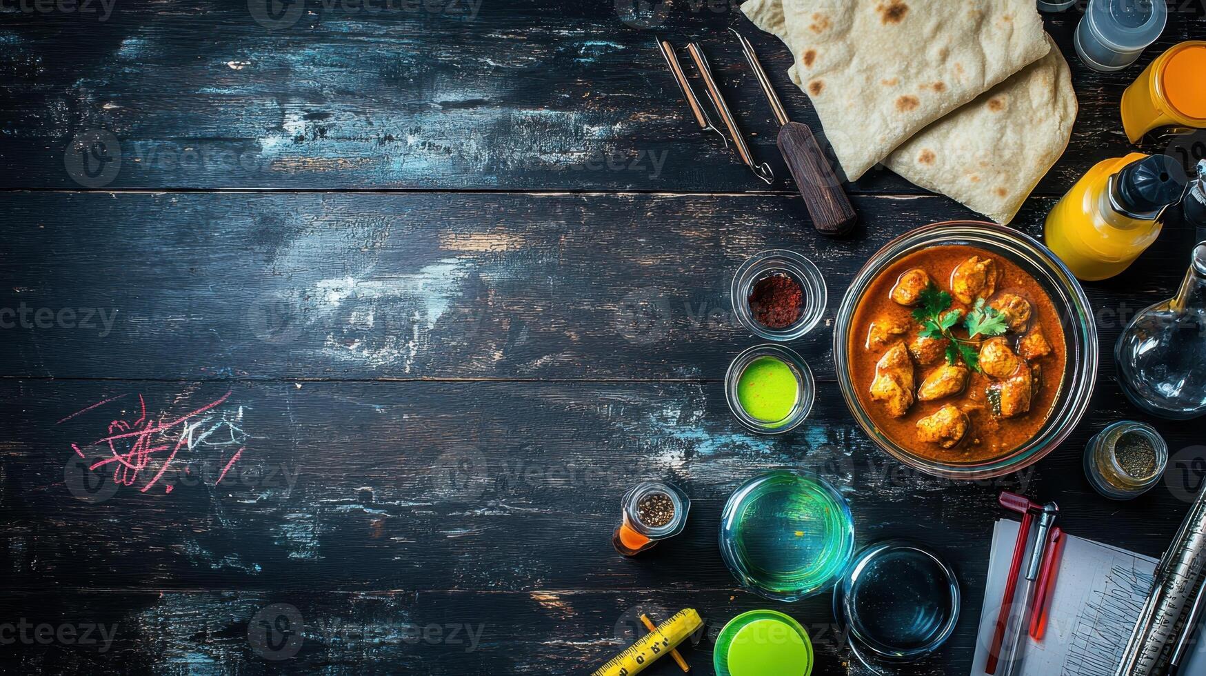 A flavorful bowl of chicken tikka masala surrounded by fresh ingredients like tomatoes, chili peppers, and herbs on a dark textured surface. photo