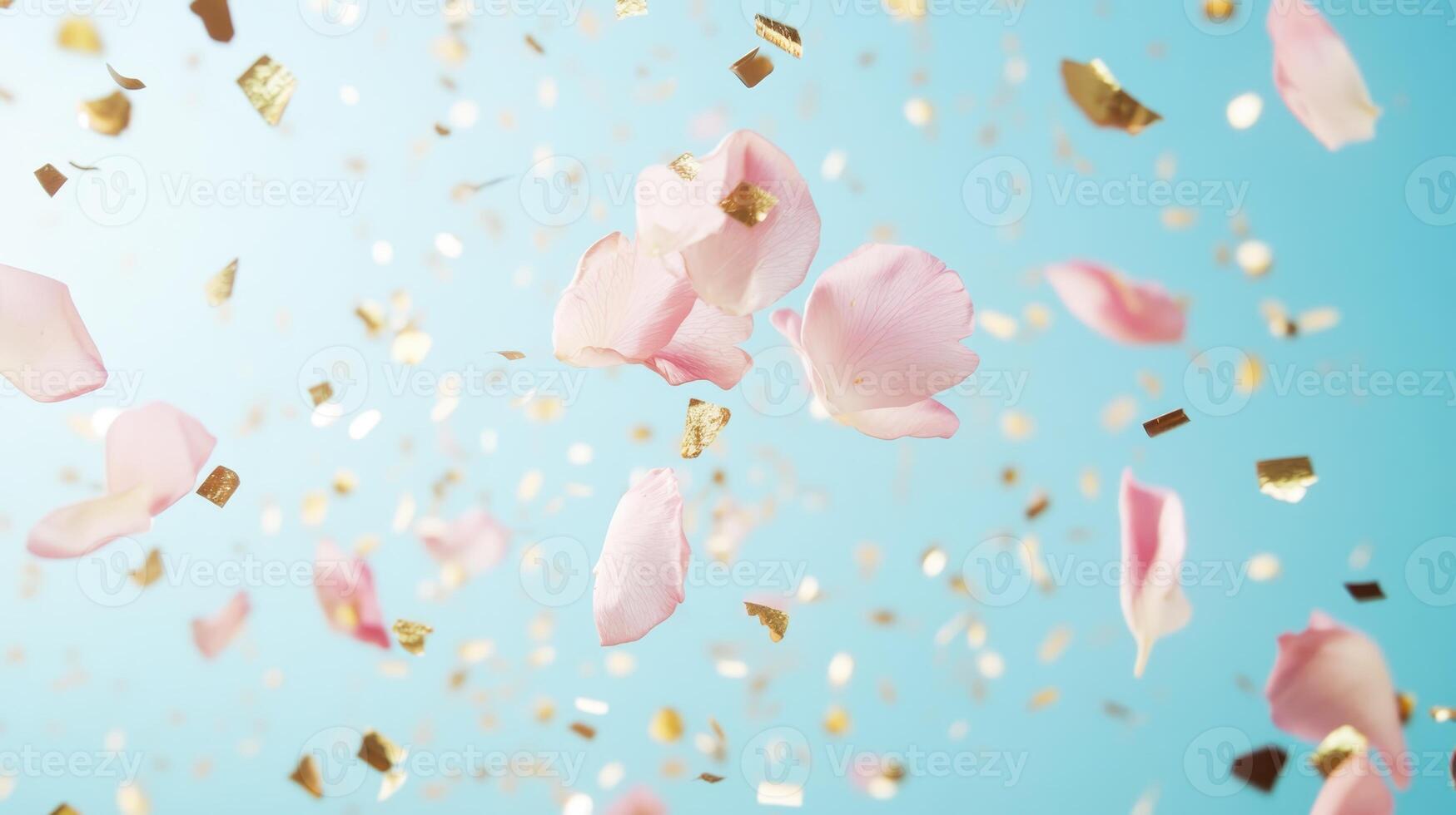 Petals and gold confetti fall gracefully against a bright blue background, creating a festive atmosphere for celebrations and special occasions photo