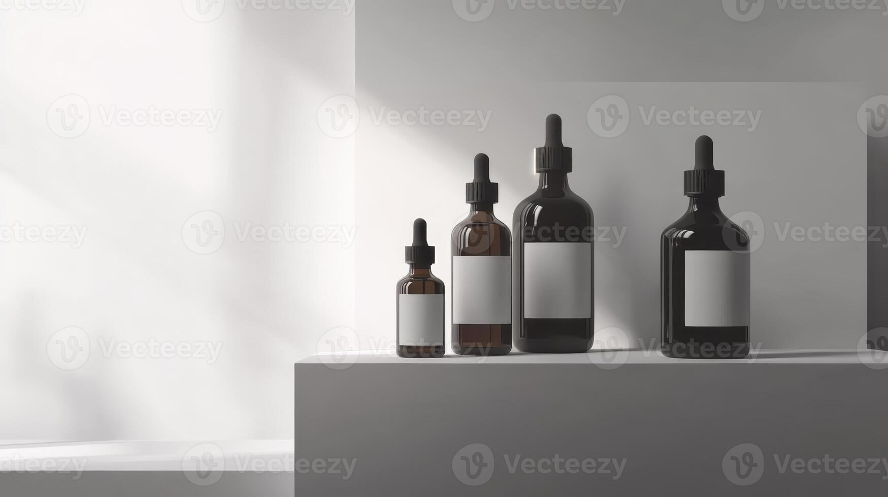 Various amber glass bottles on a minimalistic display with blank labels for product customization in a bright indoor space photo