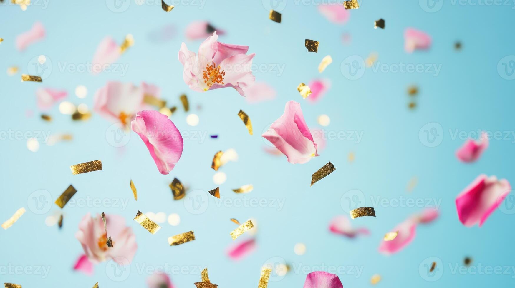 Colorful petals and gold confetti float through the air in a festive celebration against a bright blue background photo
