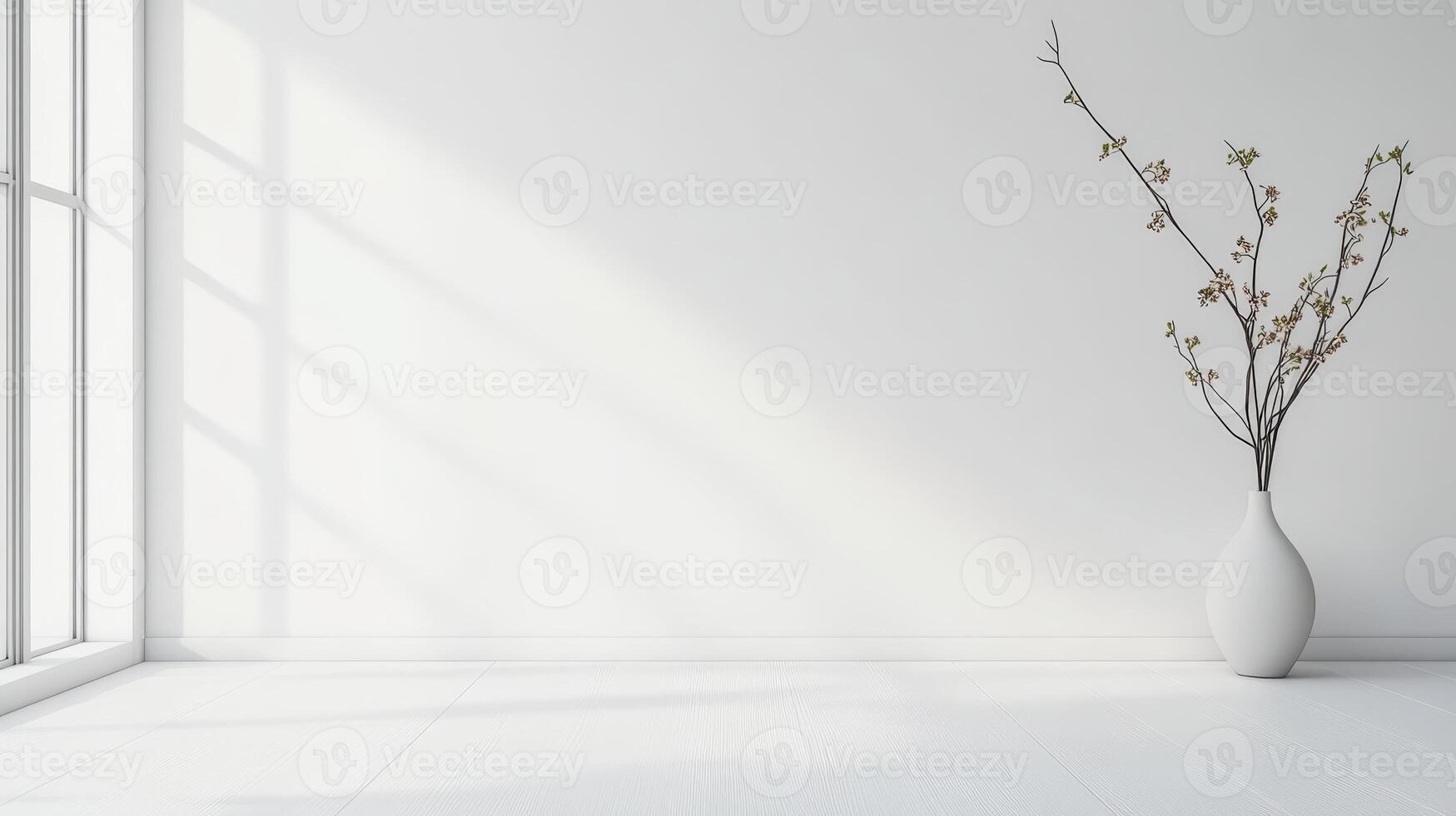 Minimalist interior with sunlight streaming through a large window illuminating a single vase with branches in a serene white room photo
