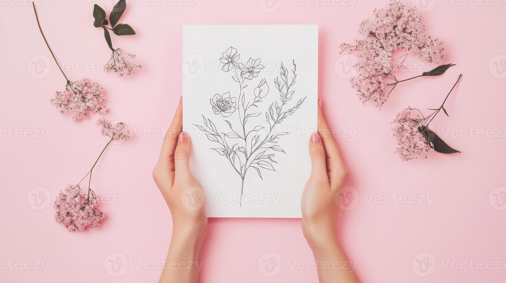 Hands holding a detailed floral sketch surrounded by pink flowers on a soft pink background in a creative and artistic setting photo