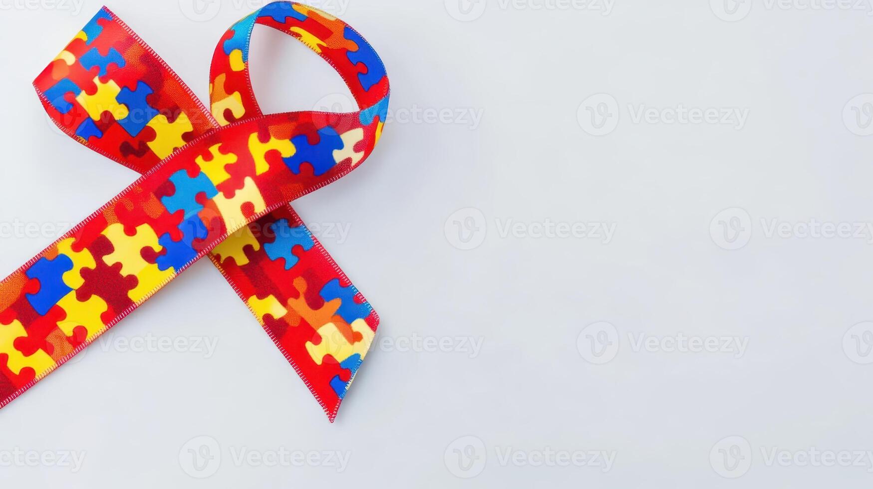 Colorful puzzle pattern ribbon symbolizes autism awareness at a fundraising event held in a community center during April's Autism Awareness Month photo