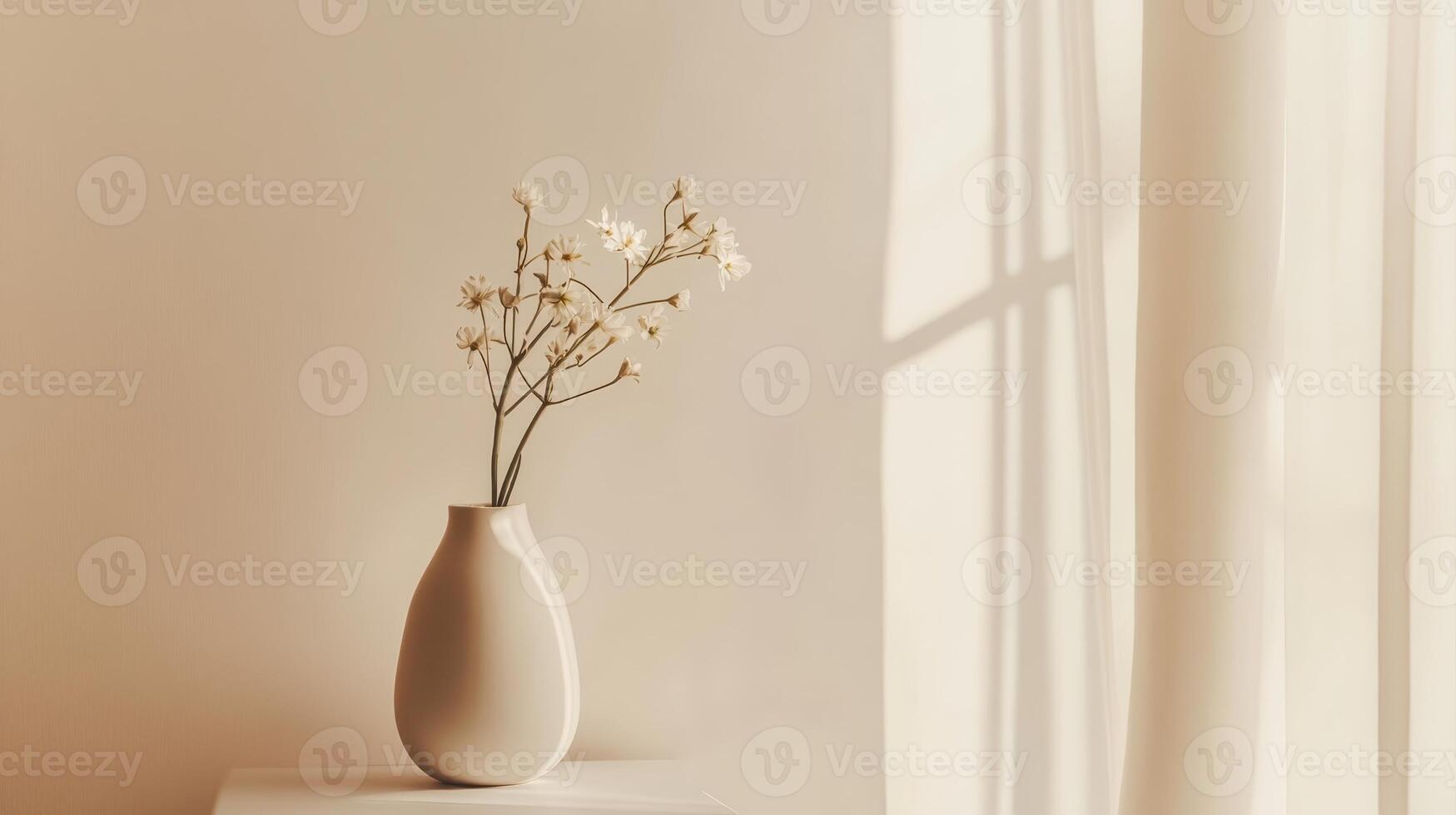 Simple arrangement of dried flowers in a cream vase on a light wooden table beside a sunlit window with sheer curtains photo