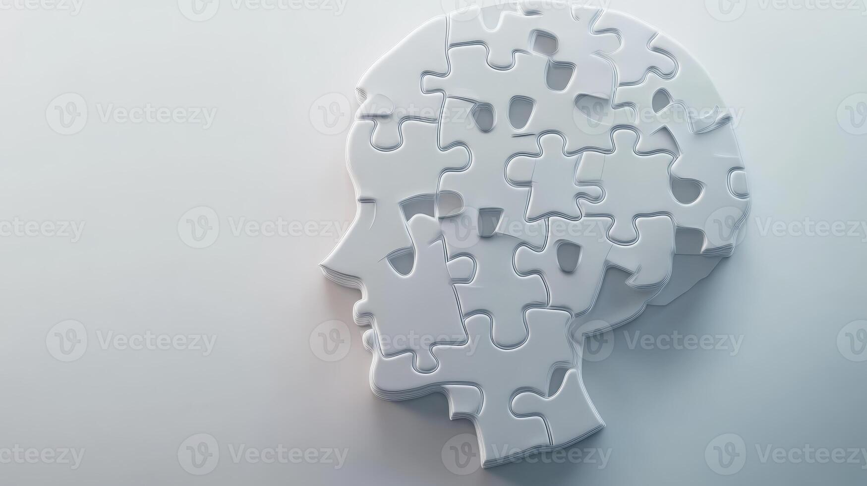 Representation of a human head made from white puzzle pieces symbolizing the complexity of mental health and cognition in a minimalist style photo