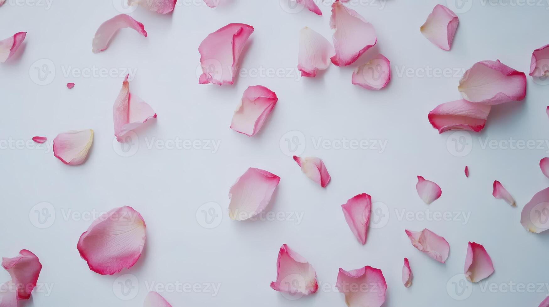 Pink rose petals scattered on a white surface create a soft and delicate ambiance, perfect for decorating events or creating artistic arrangements in springtime photo