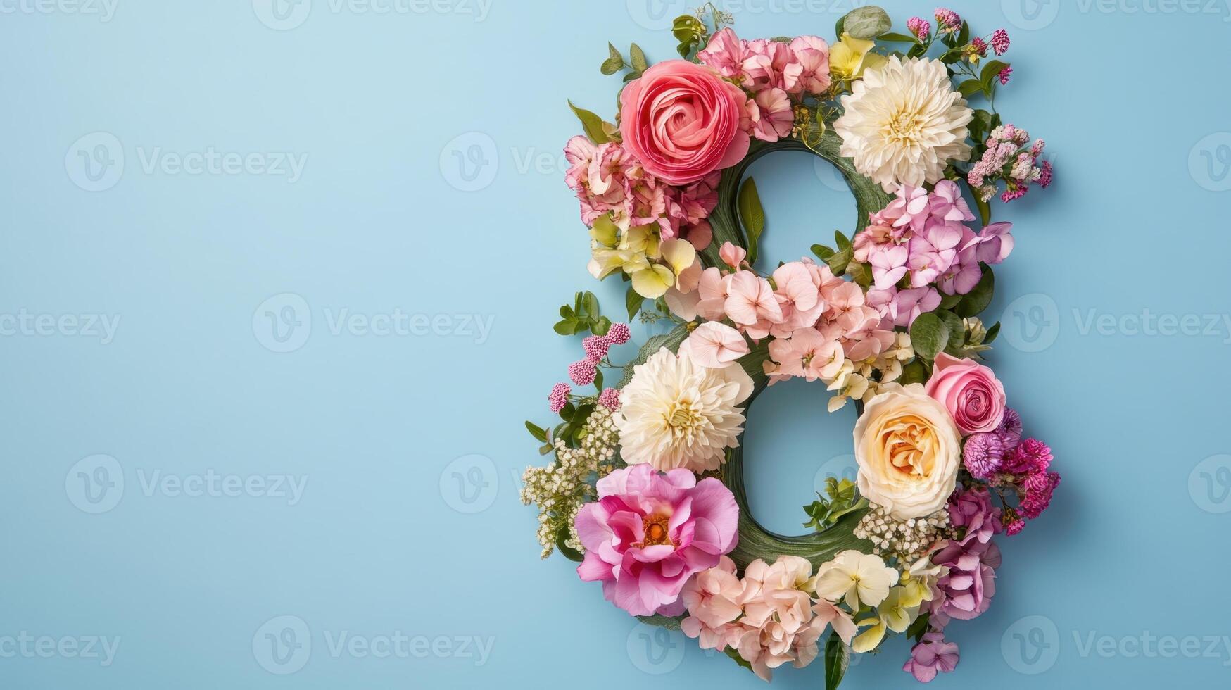 Colorful floral arrangement in the shape of number eight displayed against a light blue background for a special event celebration photo