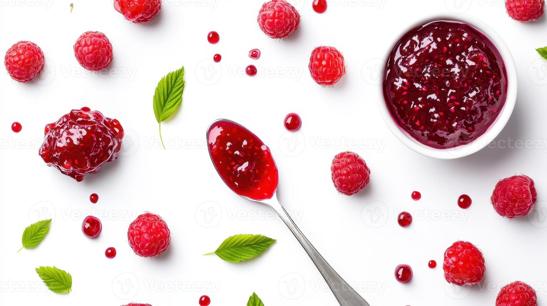 Fresh raspberry jam displayed on a clean surface with whole berries and mint leaves adding color and freshness to the composition photo