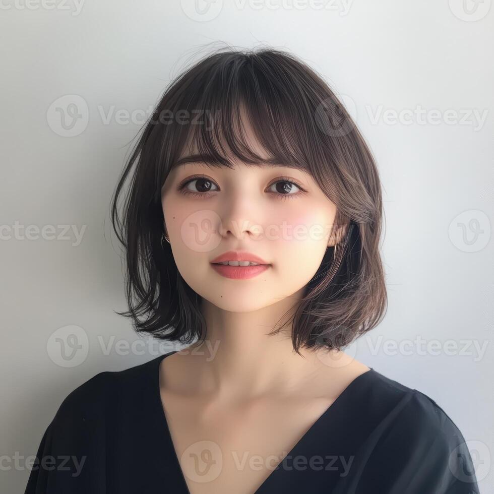 Portrait of a young woman with shoulder-length hair and soft makeup in a minimalistic setting showcasing her natural beauty photo