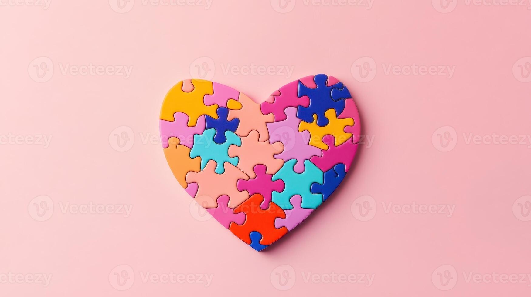Colorful heart-shaped puzzle pieces on a pink background capture the essence of love and togetherness in a playful and artistic manner photo