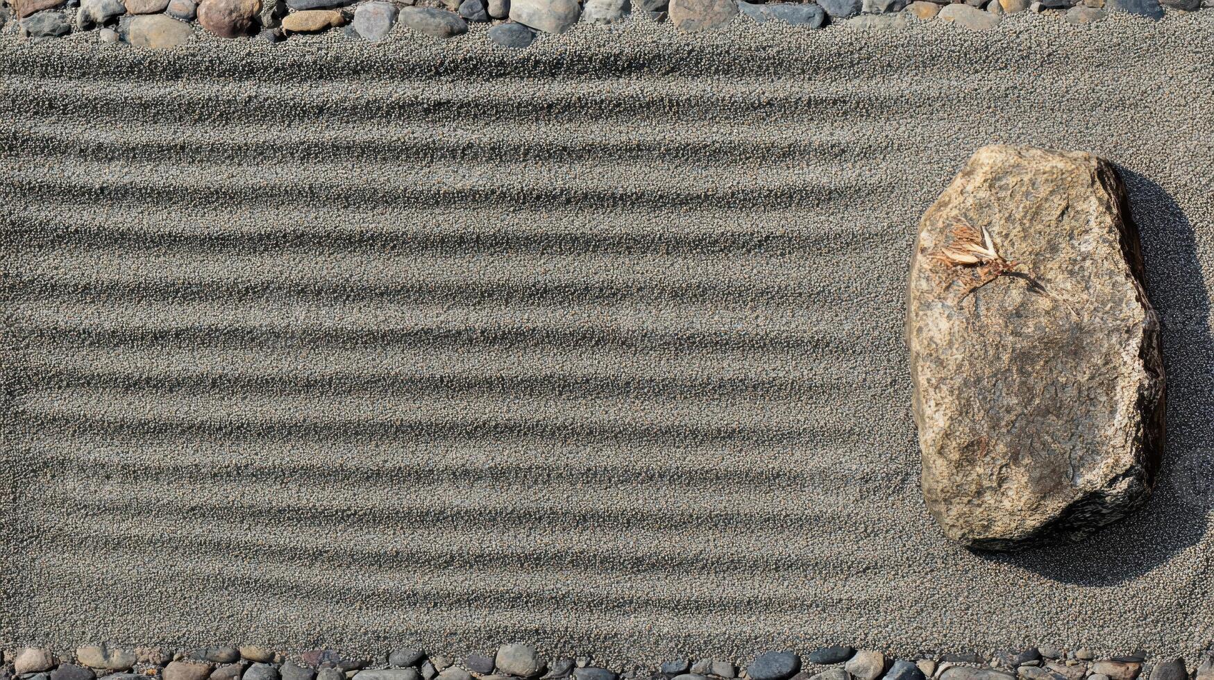 Zen garden with raked sand and a large stone creating a tranquil atmosphere for relaxation and reflection photo