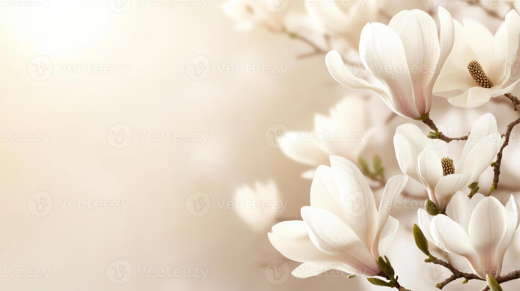 White magnolia blossoms bloom softly in a serene setting during spring, showcasing nature's elegance and beauty amidst gentle sunlight photo