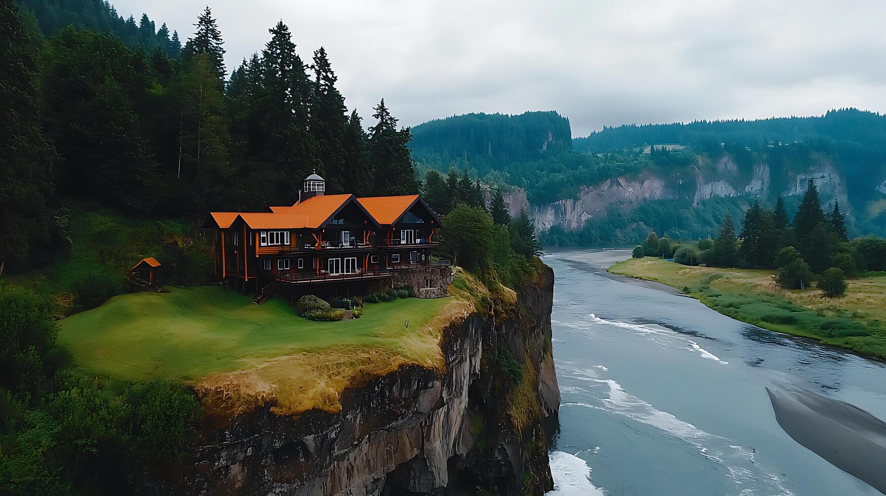 Luxurious Riverfront Lodge Nestled on a Clifftop Dramatic Mountain View photo