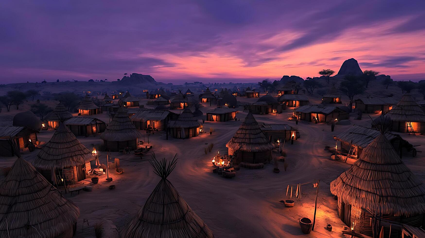 African Village at Sunset Illuminated Thatched Huts in Desert Landscape photo