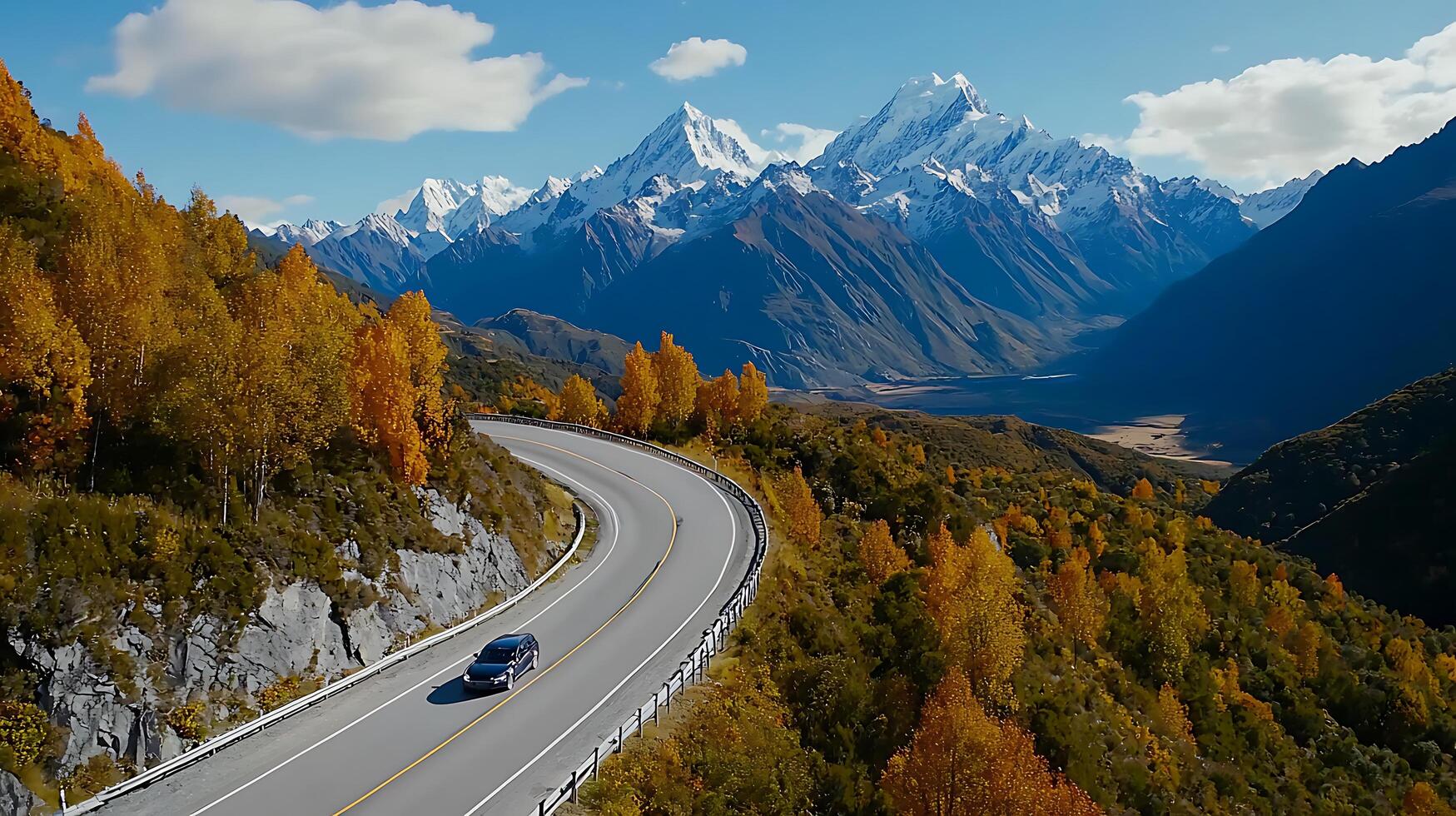 Scenic Autumn Drive Car on Mountain Road with Stunning Alpine Views photo