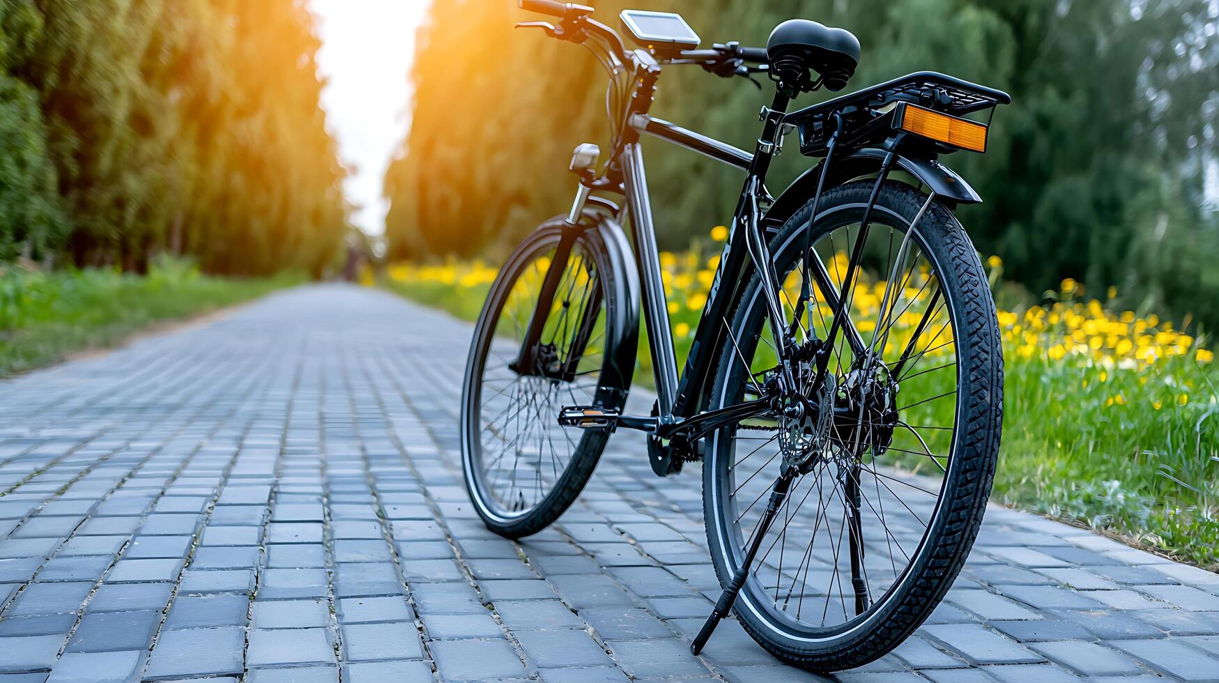 Electric Bicycle Parked on a Cobblestone Path Summer Day Green Trees photo