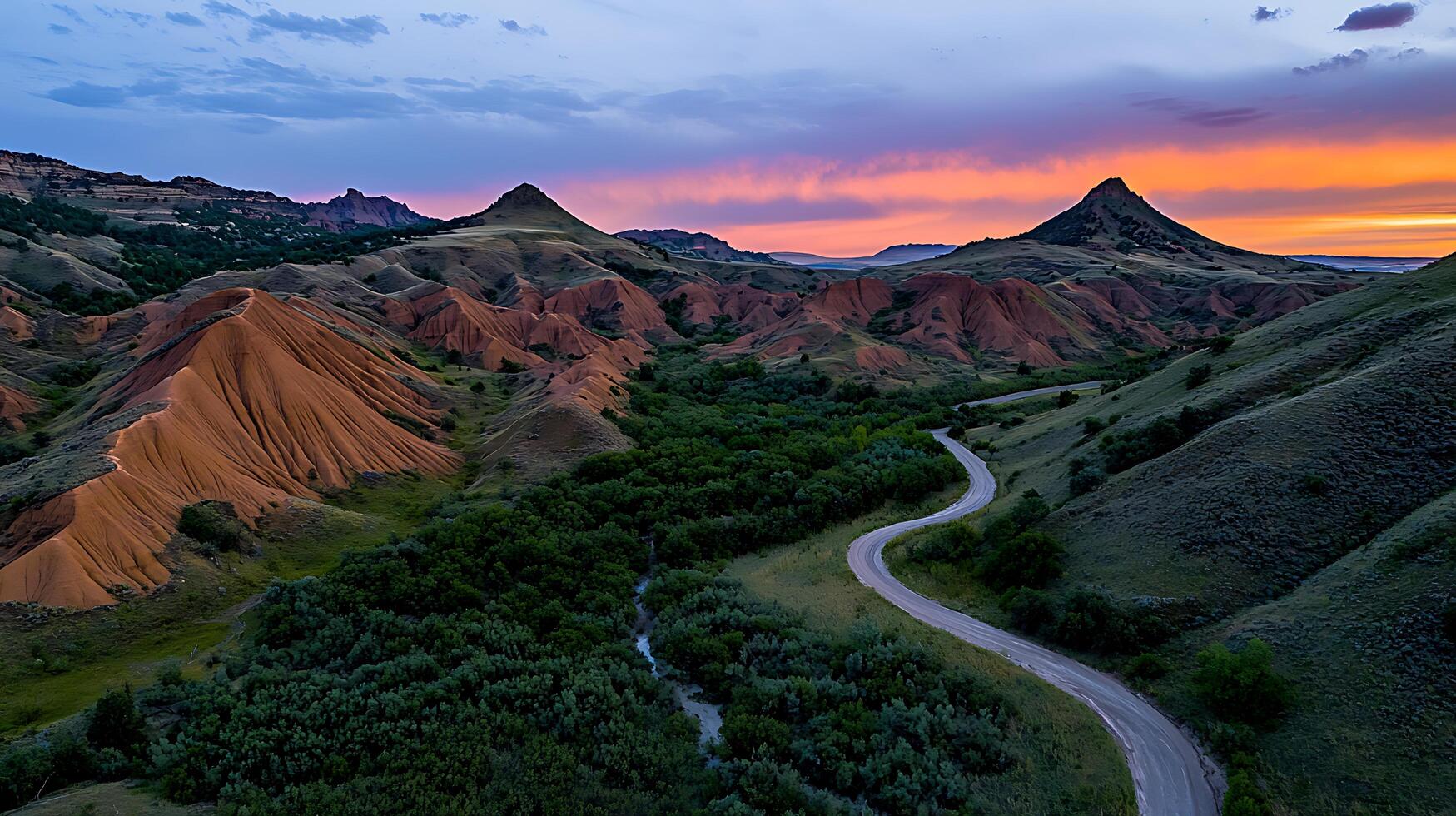 Scenic Sunset Over Rolling Hills Winding Road and Lush Valley photo