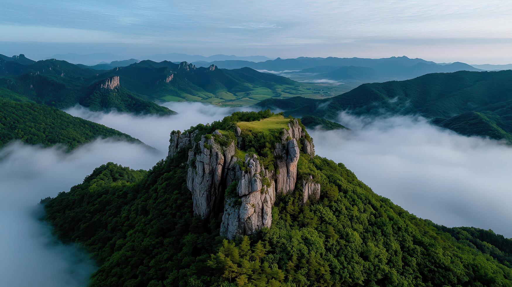 Majestic Mountain Peak Soaring Above a Sea of Clouds Breathtaking Aerial View of a Serene Landscape photo