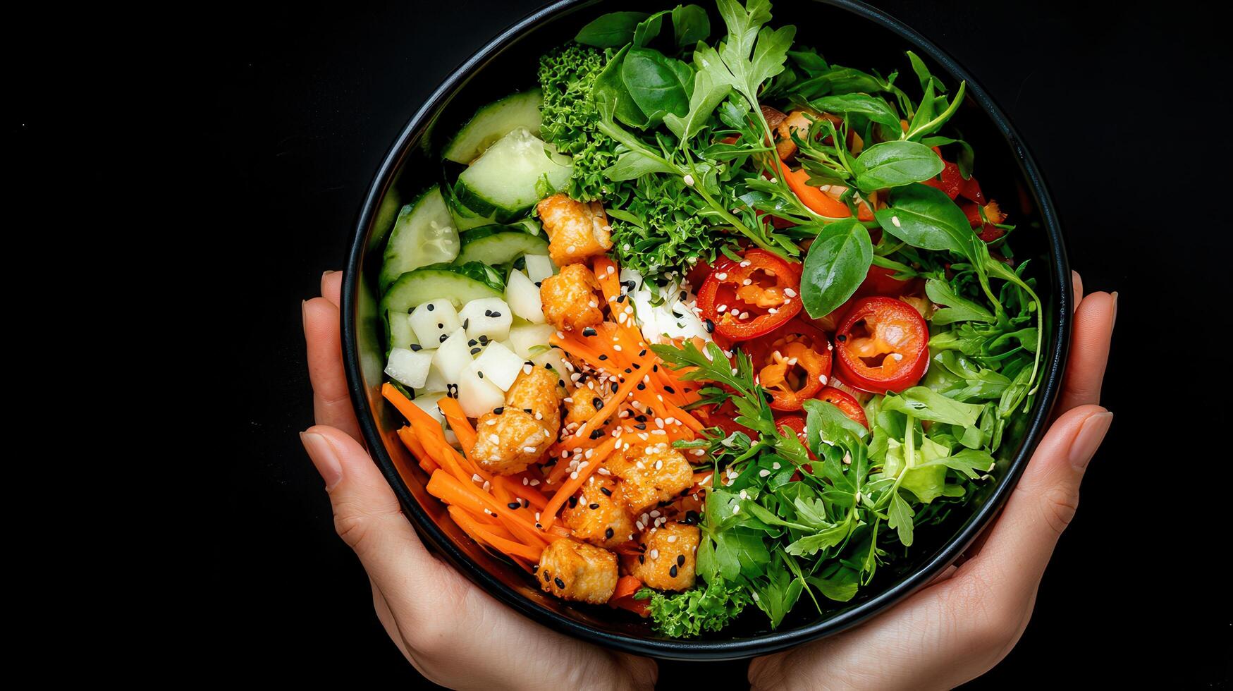 Delicious and Healthy Vegan Bowl with Tofu Fresh Vegetables and Herbs A Nutritious Meal photo