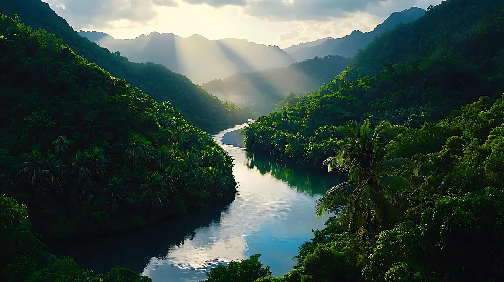 Serene River Winding Through Lush Tropical Rainforest Valley at Sunrise photo