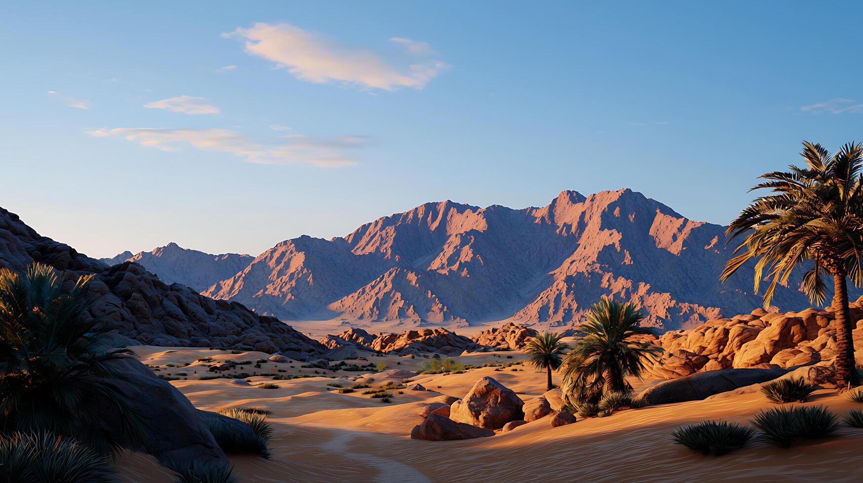 Majestic Desert Oasis at Sunset Palm Trees Mountains and Sand Dunes Landscape photo