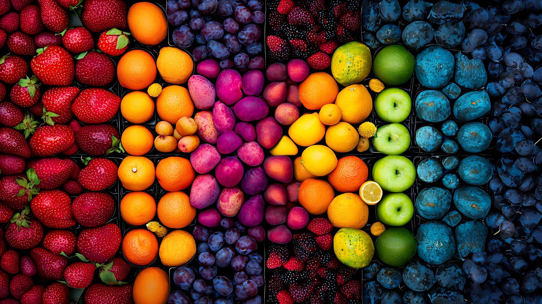 Vibrant Rainbow of Fresh Fruits Strawberries Oranges Plums Apples and Blackberries photo