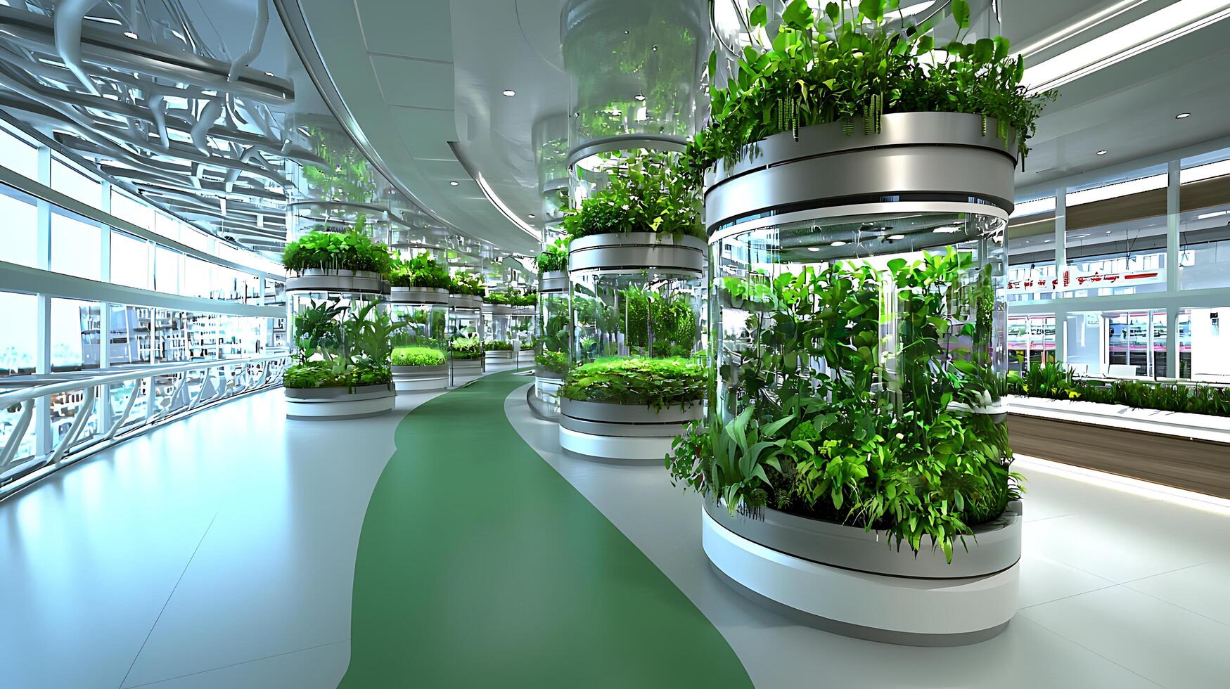 Modern Indoor Garden Design Lush Greenery in Futuristic Architecture photo