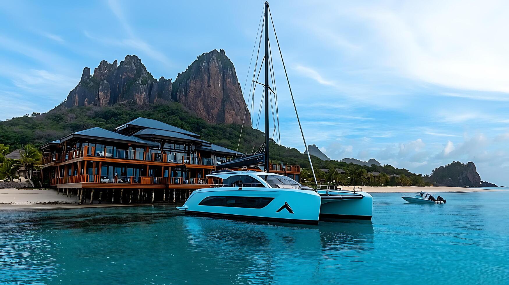 Luxurious Catamaran Docked at Tropical Resort Stunning Island Landscape photo