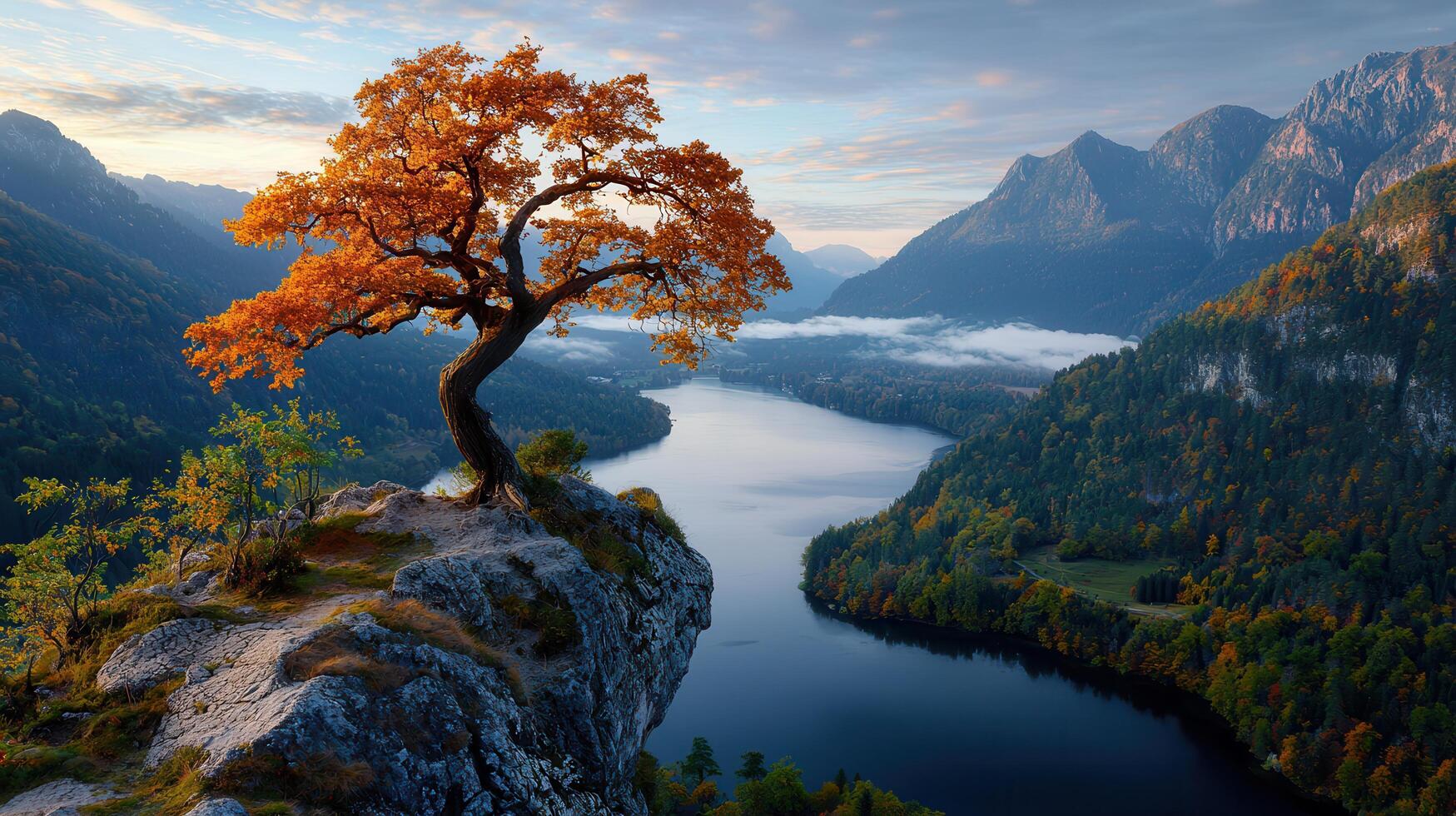 Majestic Autumn Landscape Solitary Tree on a Cliff Overlooking a Serene Lake and Mountain Range photo