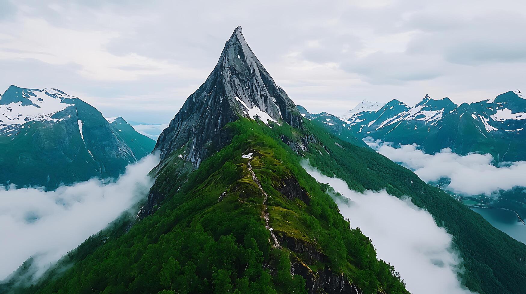 Majestic Mountain Peak Dramatic Landscape Norway Fjord Aerial View Green Slopes Hiking Trail Clouds photo
