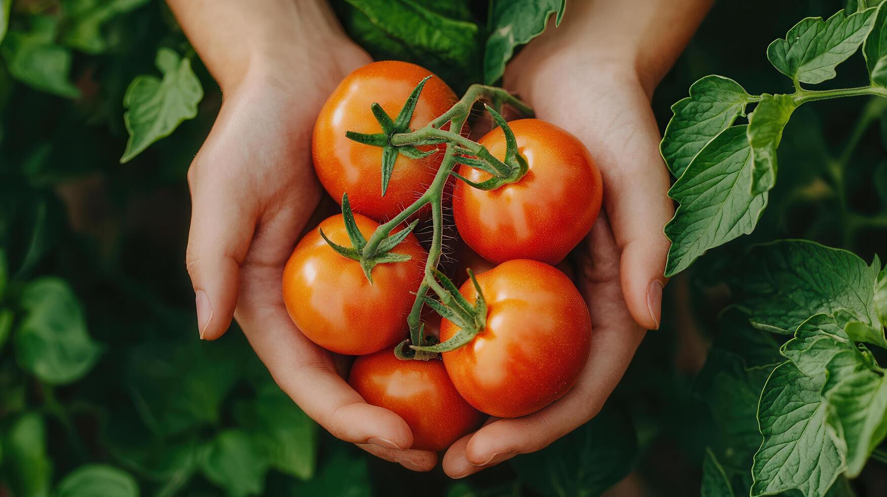 Freshly Harvested Red Tomatoes Held in Hands in a Lush Green Garden A Close Up View of Ripe Tomatoes photo