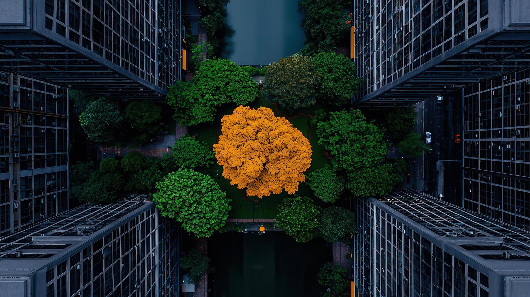 Aerial View of Golden Tree in Urban Courtyard Surrounded by Modern Buildings and Lush Greenery photo